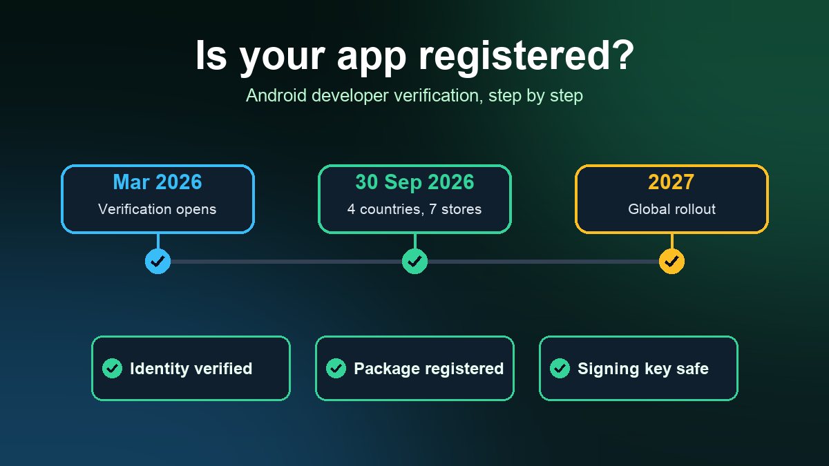 Timeline illustration of Android developer verification: March 2026 opening, 30 September 2026 enforcement in four countries, and the 2027 global rollout, with identity, package and signing key checks