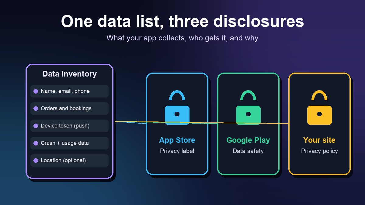Illustration of a small business app data inventory feeding three outputs: the Apple App Privacy label, the Google Play Data safety form and the privacy policy