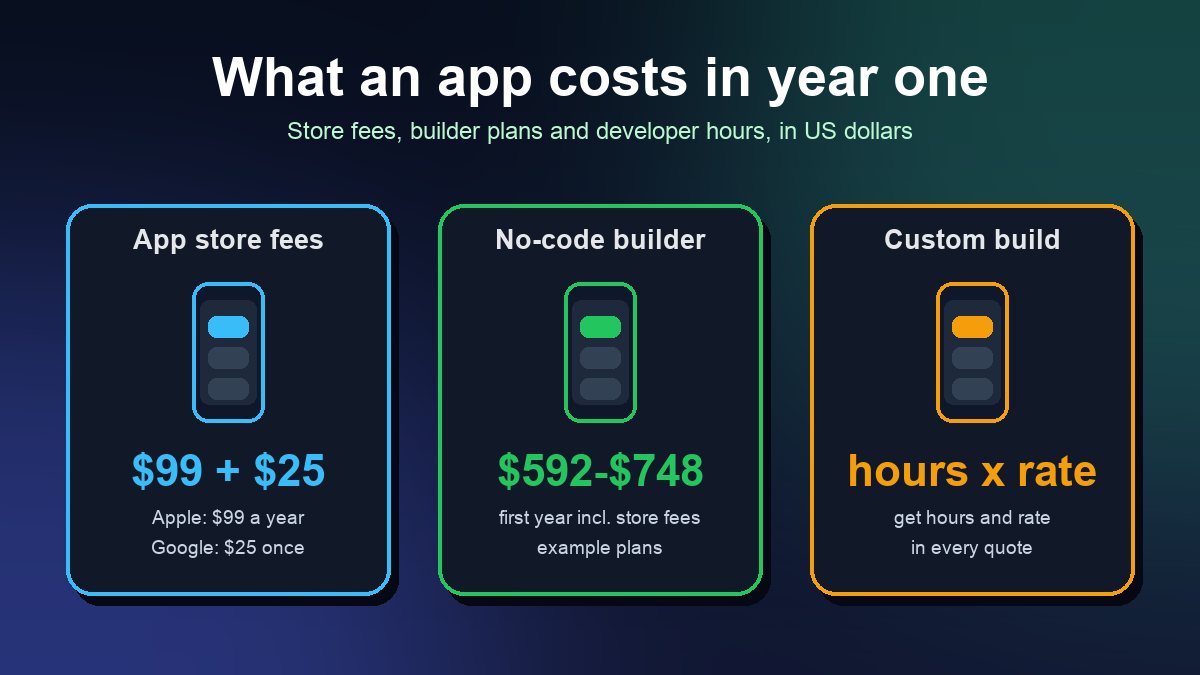 Illustration comparing first-year app costs: app store fees of $99 plus $25, a no-code builder at $592 to $748, and a custom build priced as hours times rate