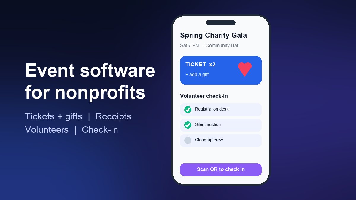 Illustration of a nonprofit event app on a phone showing a ticket, a donation heart and a volunteer check-in list