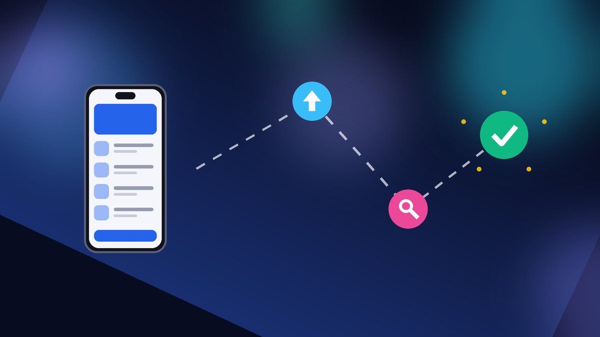 Illustration of an iPhone app moving through upload, review and approval checkpoints on its way to the App Store